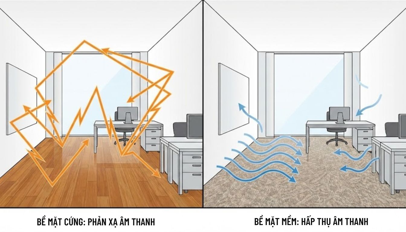 So Sánh Sàn Gỗ vs Sàn Nhựa vs Thảm Trải Giải Pháp Nào Cho Văn Phòng Hiện Đại? Khả năng cách âm và tiêu âm: So sánh sàn gỗ vs sàn nhựa và thảm văn phòng