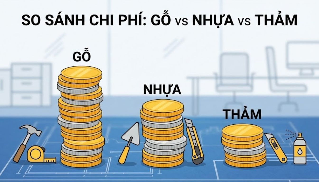 So Sánh Sàn Gỗ vs Sàn Nhựa vs Thảm Trải Giải Pháp Nào Cho Văn Phòng Hiện Đại? So sánh sàn gỗ vs sàn nhựa và thảm trải sàn về mức giá và chi phí thi công