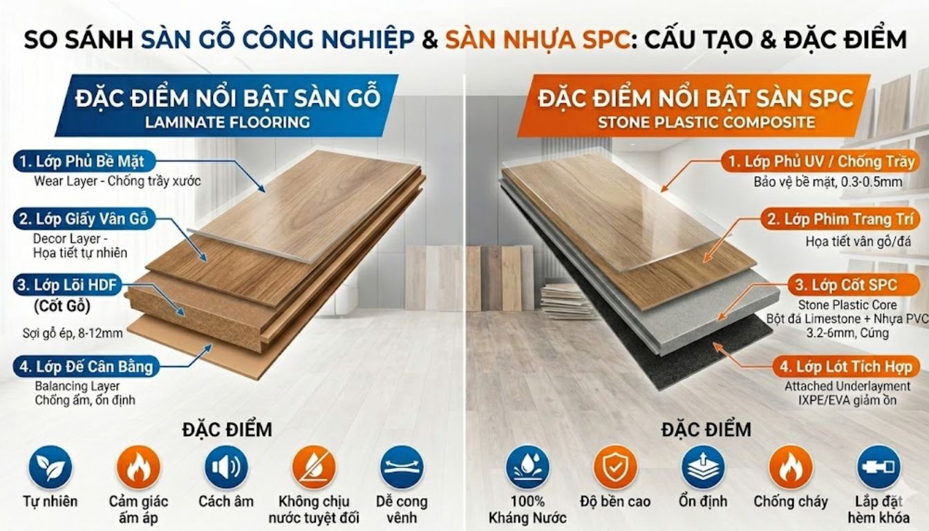 So sánh sàn gỗ công nghiệp với sàn nhựa SPC - Lựa chọn nào tối ưu cho ngôi nhà hiện đại? So sánh cấu tạo chi tiết giữa sàn gỗ công nghiệp và sàn nhựa SPC