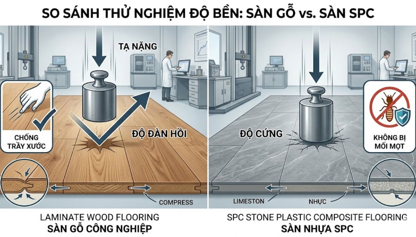 So sánh sàn gỗ công nghiệp với sàn nhựa SPC - Lựa chọn nào tối ưu cho ngôi nhà hiện đại? So sánh độ bền và tuổi thọ của sàn gỗ công nghiệp với sàn nhựa SPC