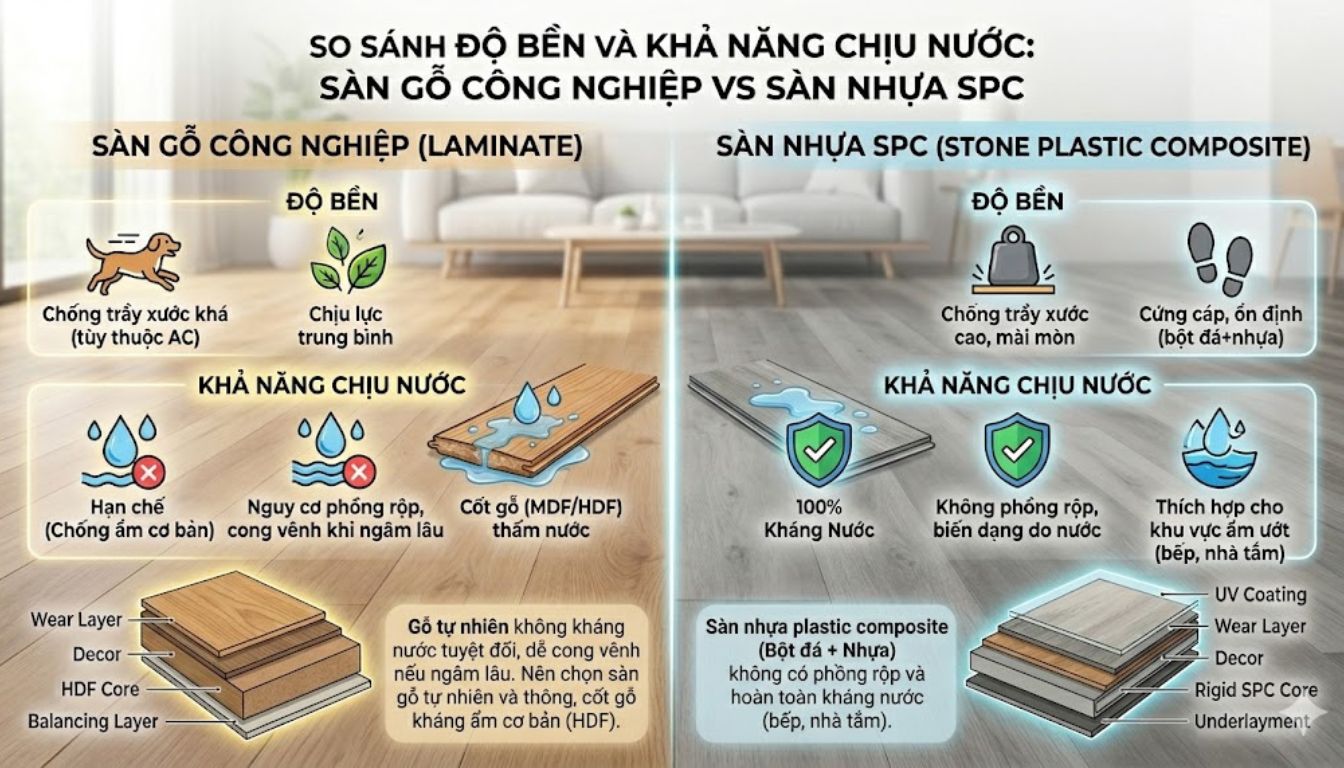 So sánh sàn gỗ công nghiệp với sàn nhựa SPC - Lựa chọn nào tối ưu cho ngôi nhà hiện đại? Khả năng chịu nước và chống ẩm: Sàn nhựa SPC hay sàn gỗ công nghiệp chiếm ưu thế?